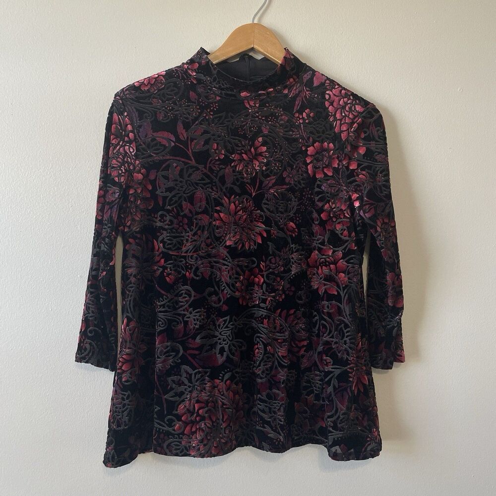 Chico's Velvet Burnout Top M(1) Mock Neck Sheer Black Red Paisley Dark Romantic